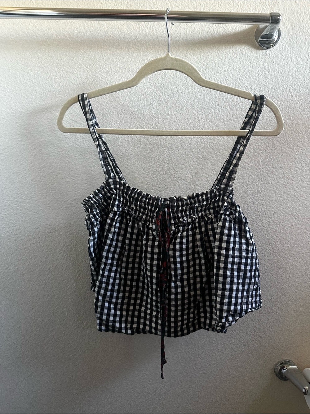 FREE PEOPLE Black & White Gingham Smocked Crop Tank Top